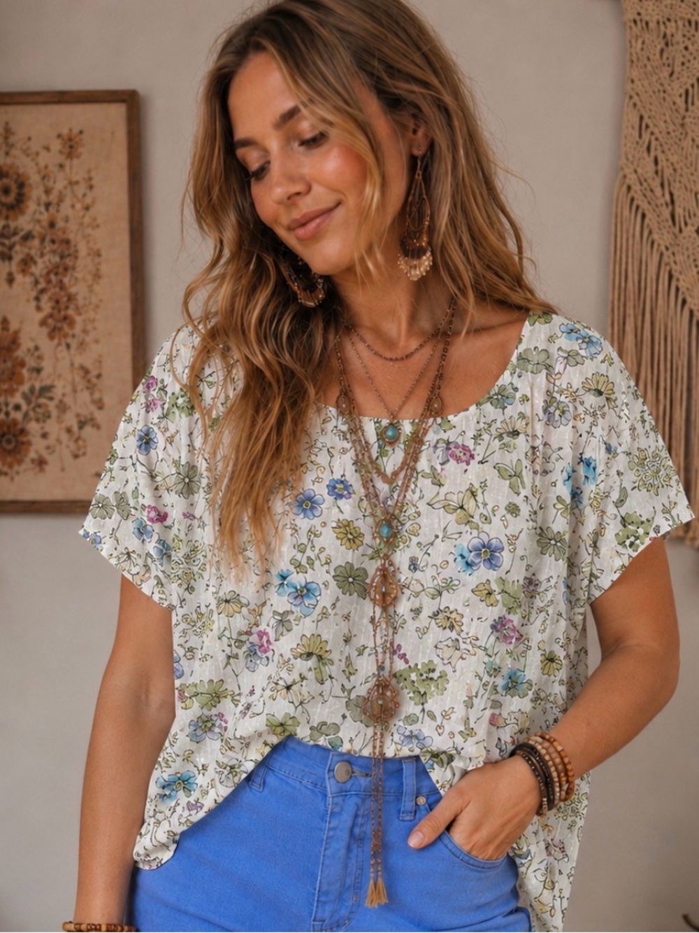 Rhea Floral Boho Blouse – Made in India | Lightweight Cottagecore Top Size L/XL